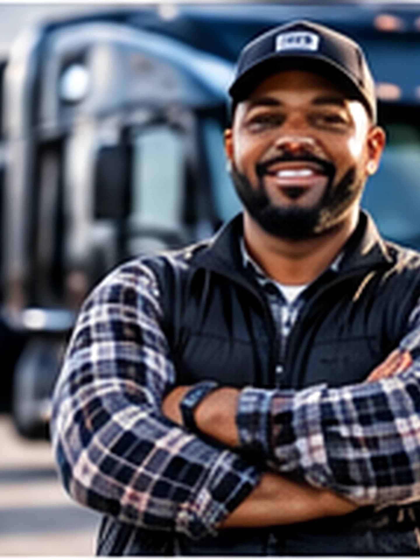 Professional truck driver smiling in front of his rig