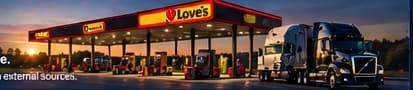 Truck stop fuel canopy at sunset with a parked tractor-trailer