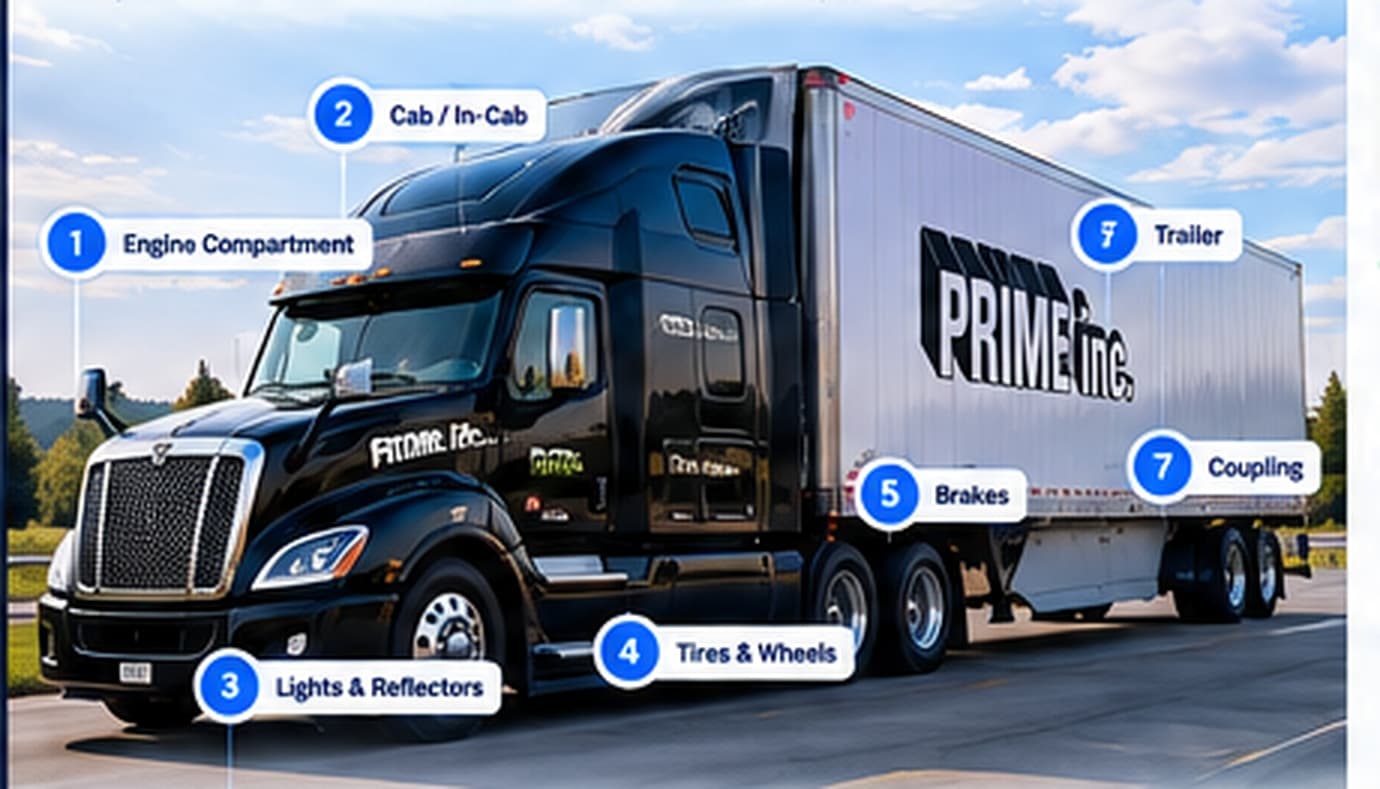Tractor-trailer diagram with numbered inspection areas: engine compartment, cab, lights and reflectors, tires and wheels, brakes, trailer, and coupling